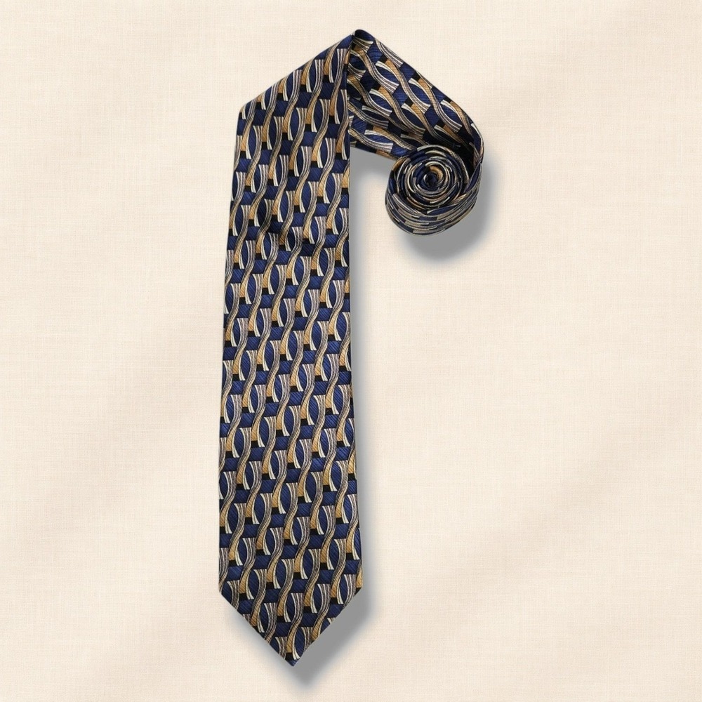 Antonia Collection Silk Necktie Geometric Chain Print Blue Gold Black Classic OS
